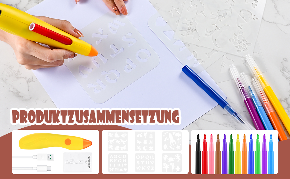 Tigvio Airbrush Set Kinder, Elektrischer Farbsprühstift mit 12 Filzstiften & 6 Schablonen
