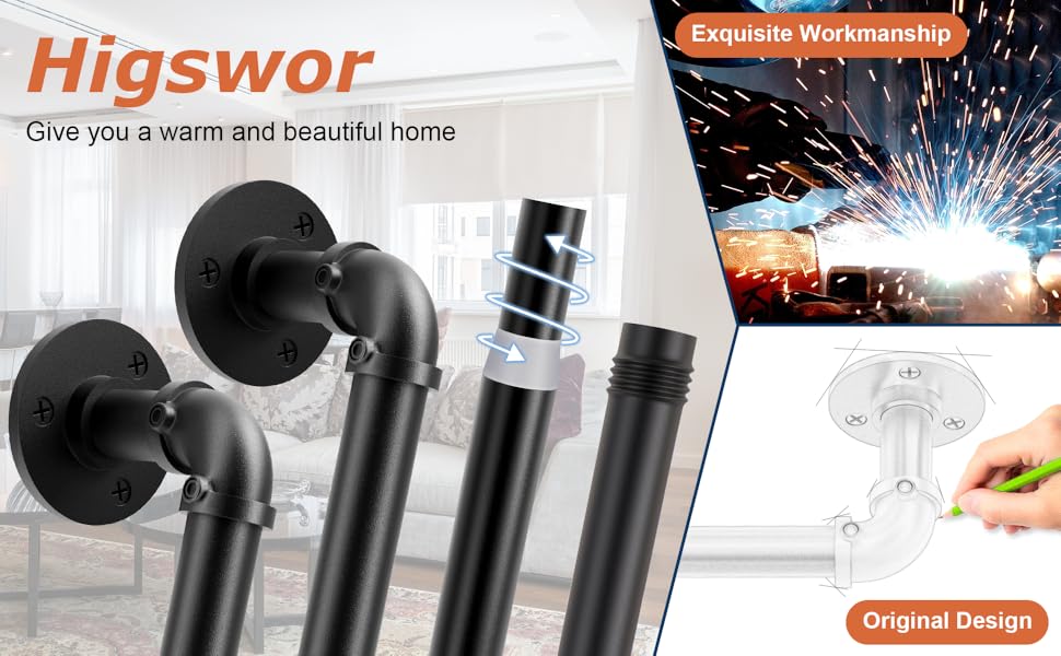Black Curtain Rods for Windows 66 to 120, 2 pack Adjustable Blackout Outdoor Curtain Rod，