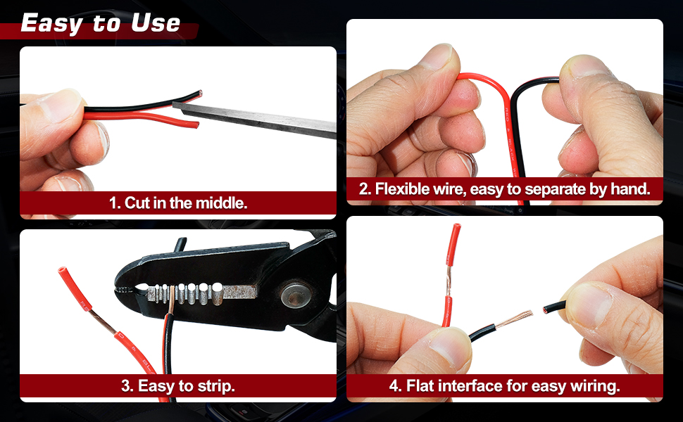 Four-panel instructional image for wire stripping tool. Shows cutting, separating flexible wires, stripping insulation, and flat interface for wiring. Text emphasizes 'Easy to Use' process.