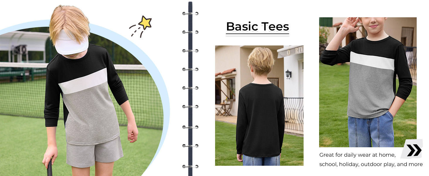 Boys Long Sleeve Shirts Kids Fashion Fall Tops Crewneck Color Block Tees