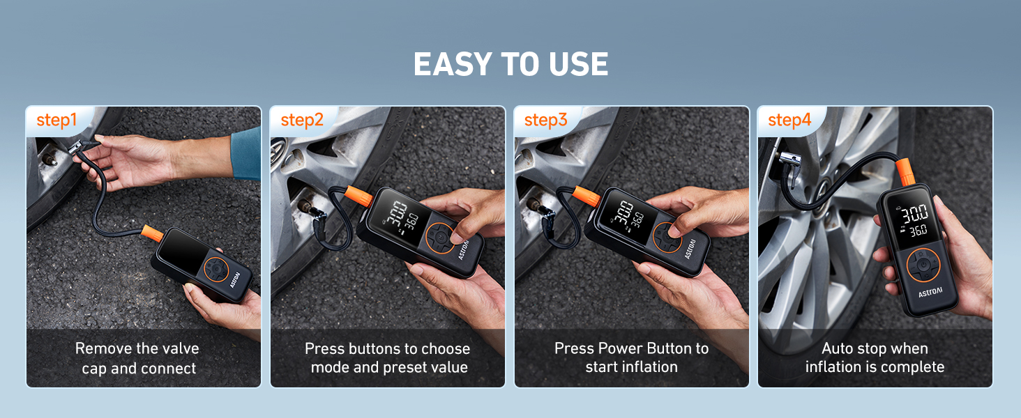Portable digital tire inflator with LCD display. Four-step usage guide: connect to valve, set pressure, start inflation, and auto-stop when complete. Easy-to-use design with button controls.