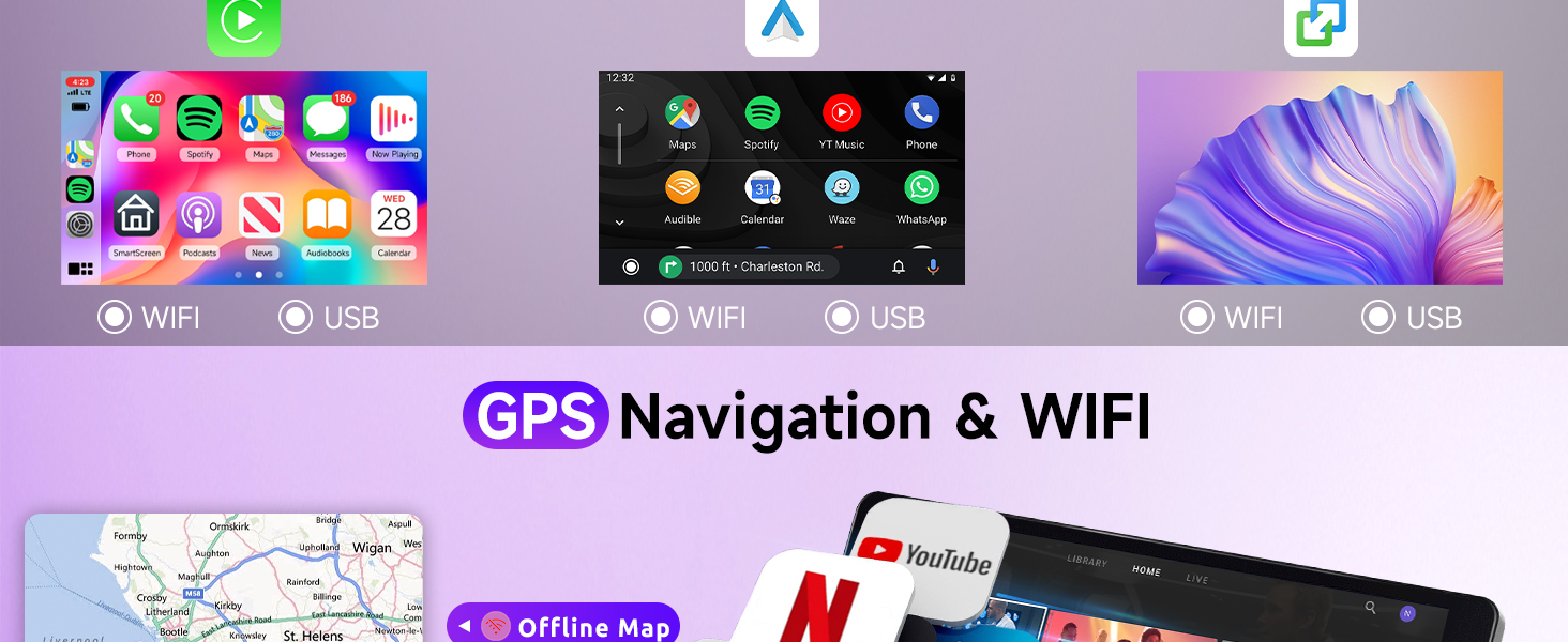 Image composed of showing GPS and WiFi navigation capabilities. Shows smart phone interfaces, application icons, navigation map and connectivity options for WiFi and USB