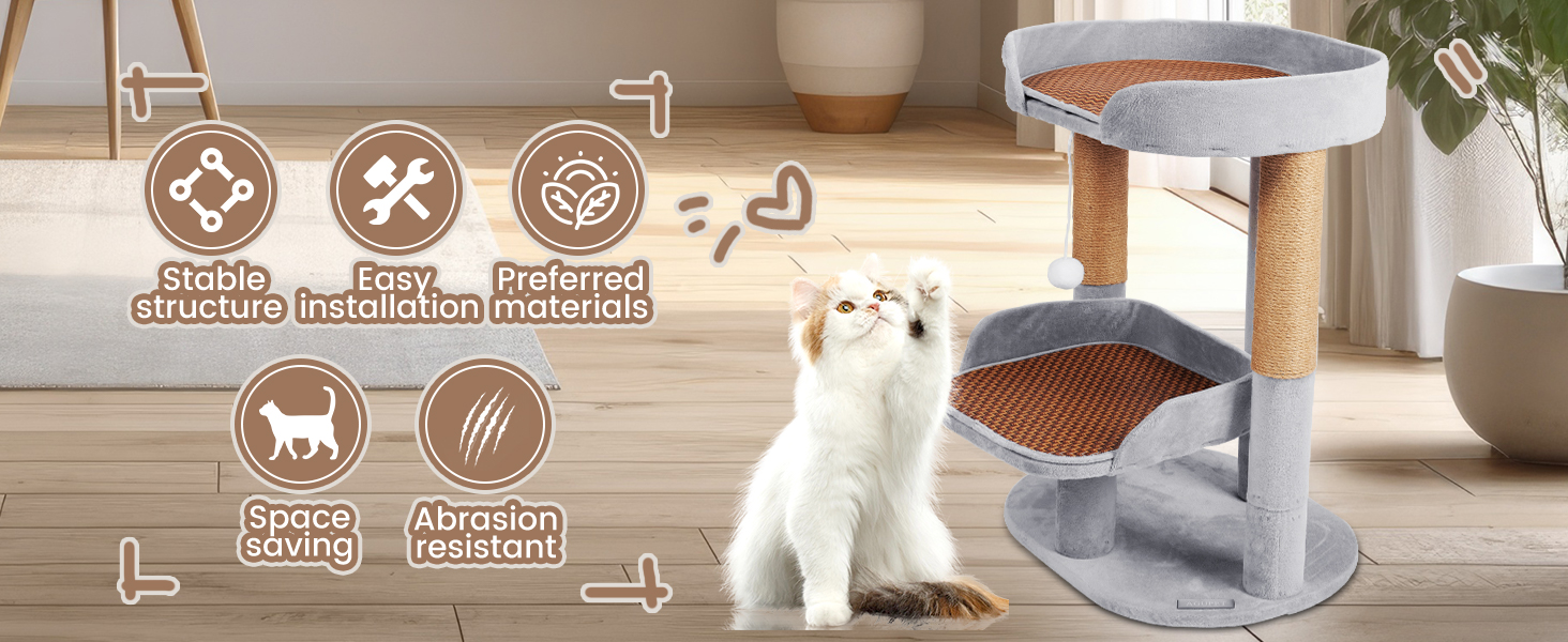 Easy to assemble space-saving cat tree with reinforced structure, climbing frame, cozy cat condo