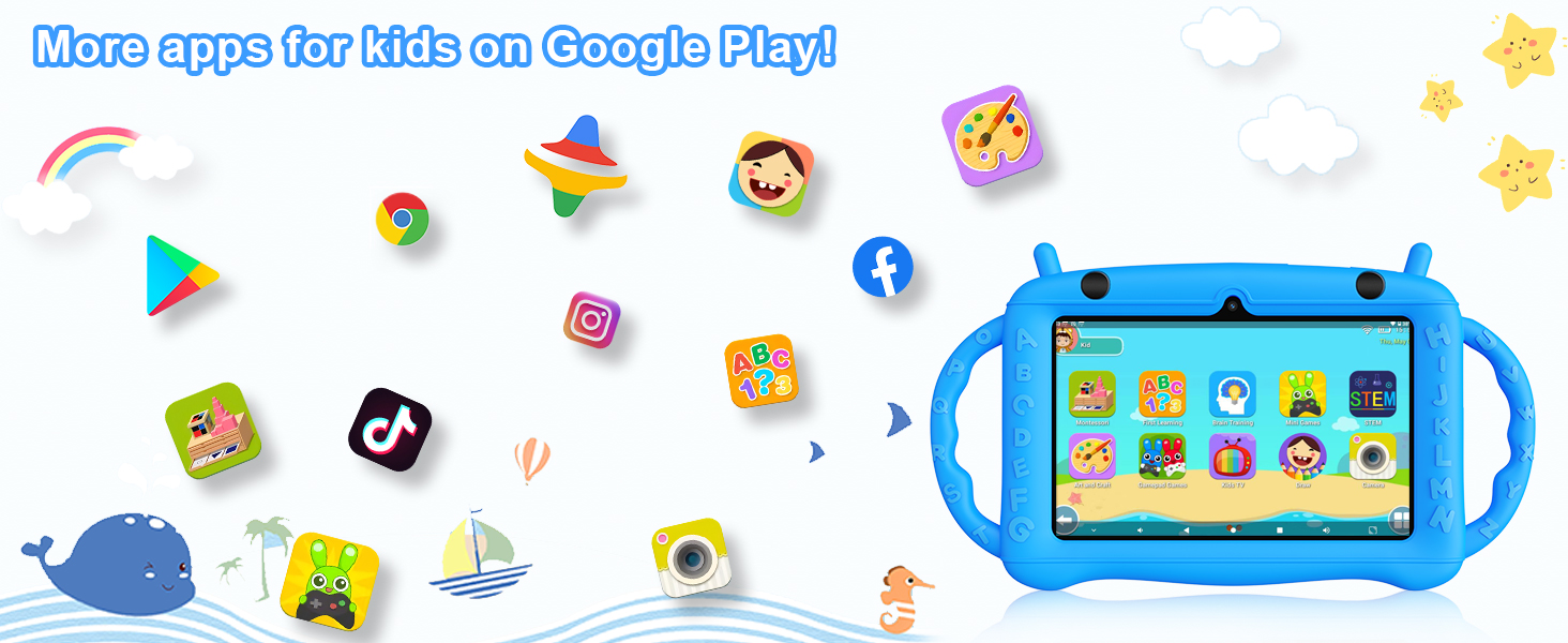 Colorful display of app icons and a blue kid-friendly tablet. Text mentions 'More apps for kids on Google Play!'