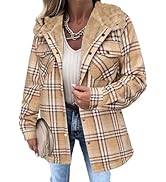Weinexra Womens Plaid Shacket Jacket Long Sleeve Button Down Fleece Hooded Jacket Warm Coat Casua...