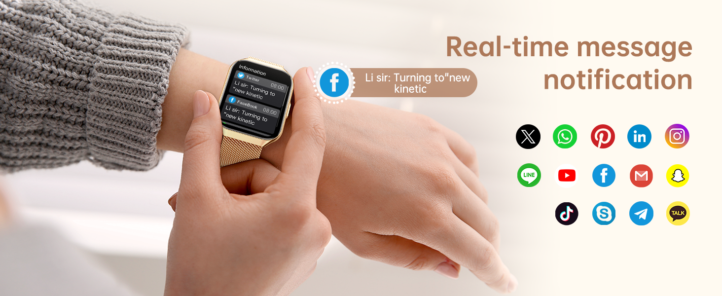 Smartwatch on wrist displaying message notification. Image shows various social media icons, emphasizing real-time notification feature. Watch has square face with gold-tone band.