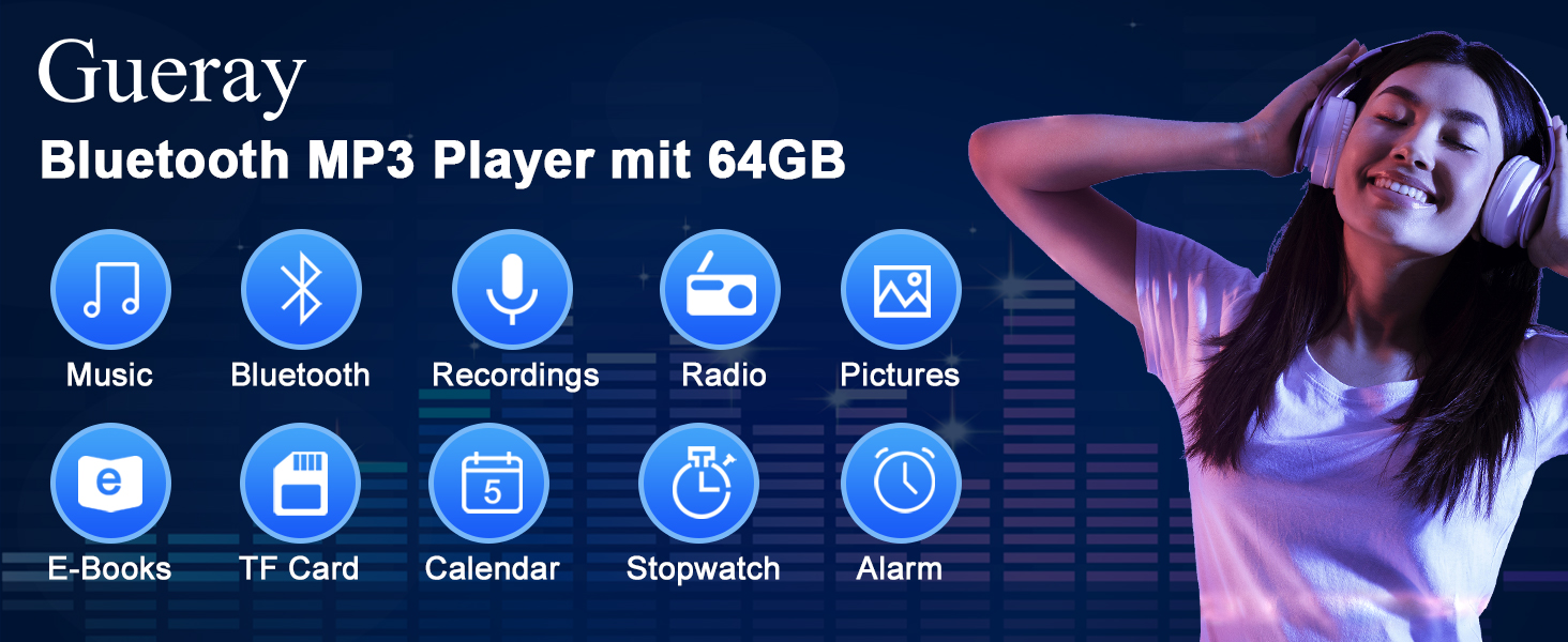 Gueray MP3 Player Bluetooth 64GB MP3 Player mit Lautsprecher und kopfhörer MP3Player für