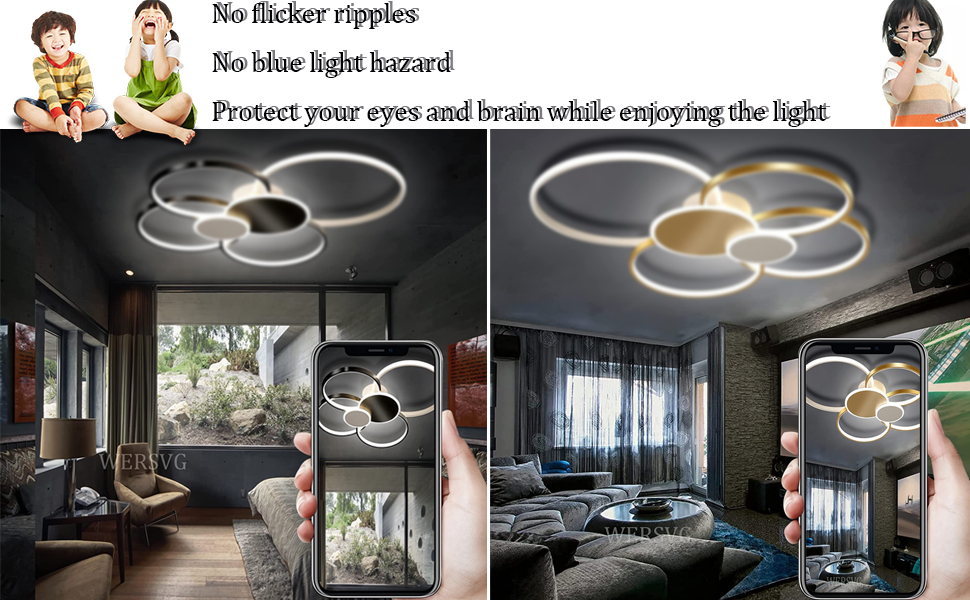 L80cm Modern LED Ceiling Light Living Room Ceiling Lamp Black 6Ring