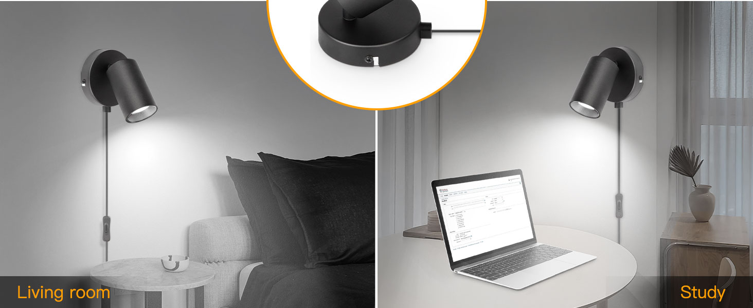 Adjustable black wall-mounted lamp shown in two settings: living room and study, with laptop workspace lighting demonstration