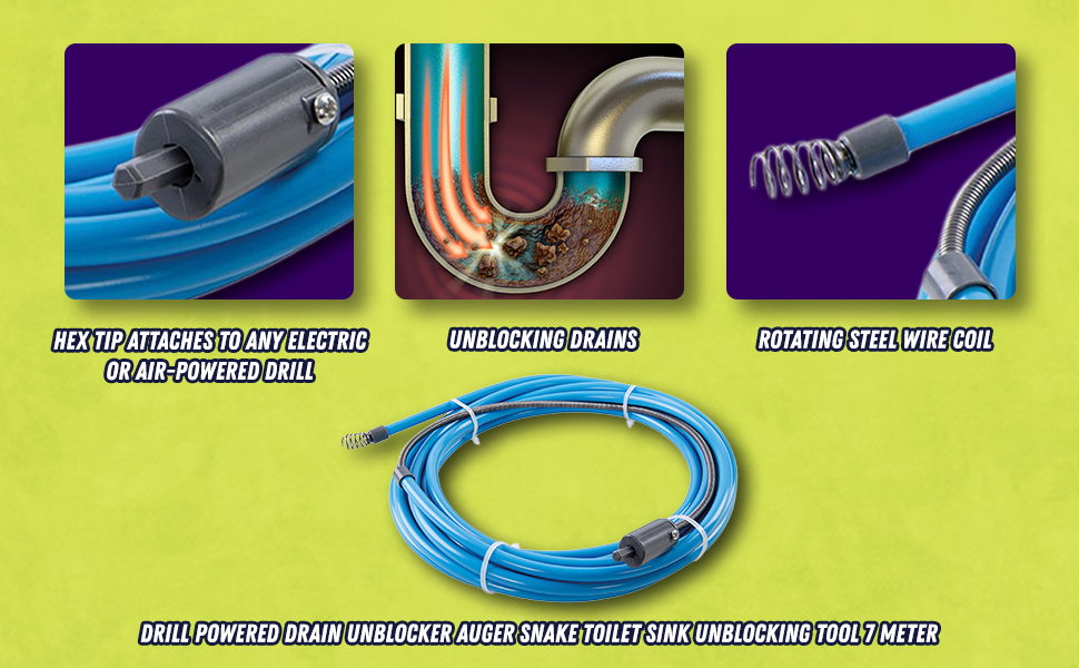 Dapetz ® Drill Powered Drain Unblocker Auger Snake Toilet Sink