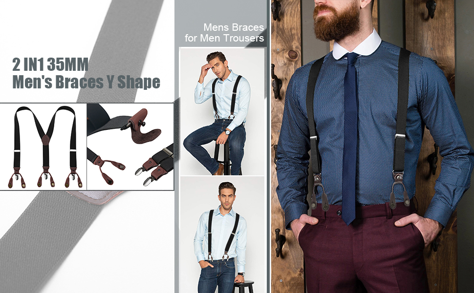 AYAMAYA Mens Braces for Men Trousers, 2 IN1 35MM Men's Braces Y Shape