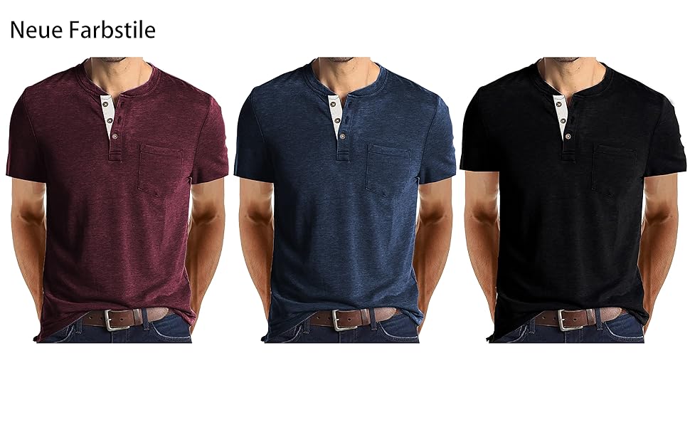 Herren-T-Shirts in Blau, Dunkelblau, Marineblau, Marinerot, Weinrot, Henley