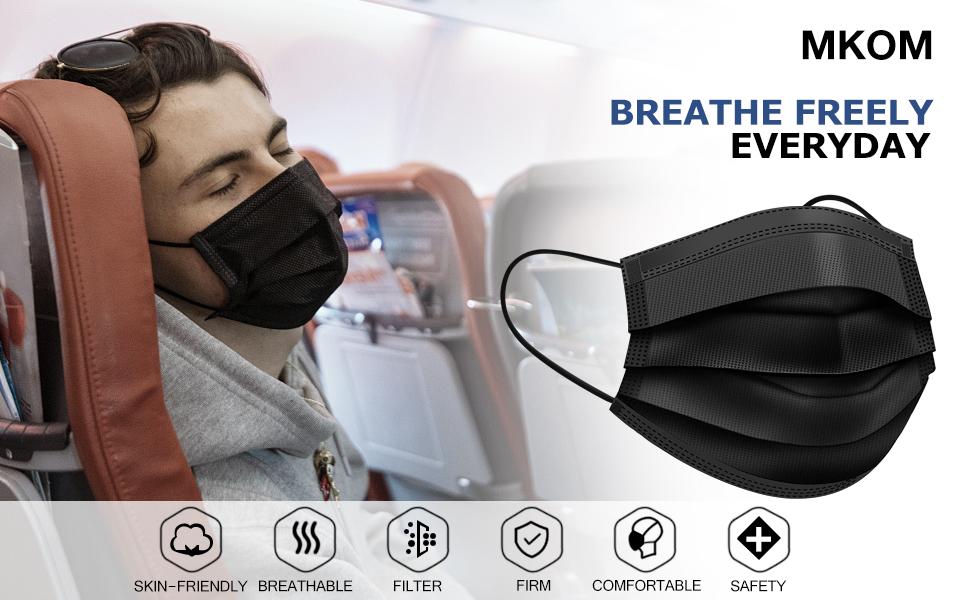 MKOM Black Disposable Face Masks, 100 Pack Face Masks 3 Ply
