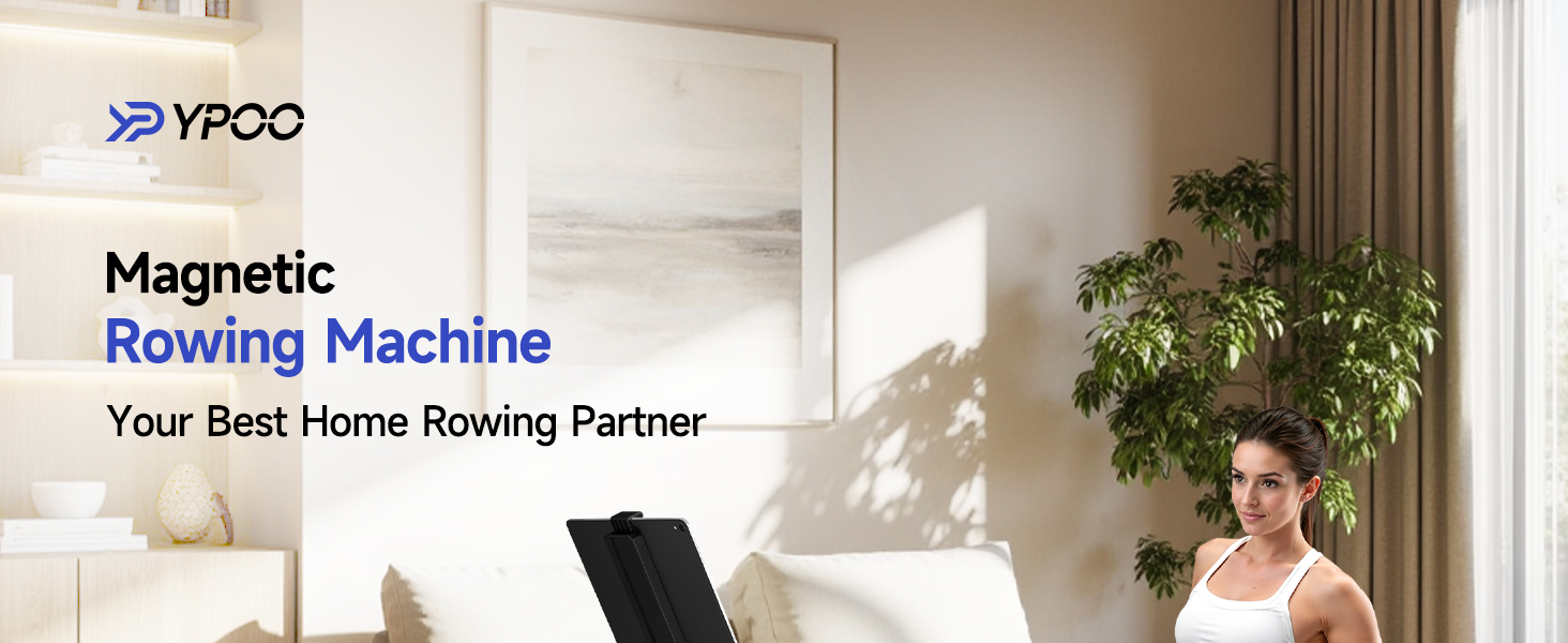 Magnetic rowing machine in a home setting. Woman using the compact, foldable exercise equipment. Text indicates it's a 'Your Best Home Rowing Partner' by YOPP.