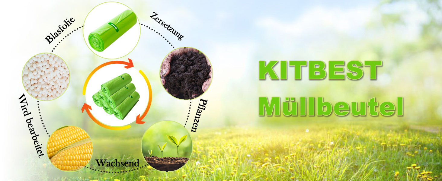 Kreisdiagramm mit den Bestandteilen des Produkts KitBest Müllbeutel mit grünen, biologisch abbaubaren Elementen und natürlichen Materialien vor einem