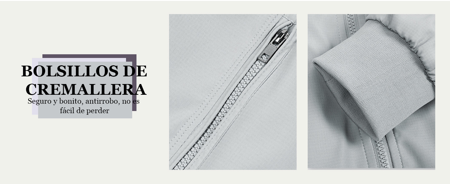 Imagen de tres paneles que muestra bolsillos con cremallera. Panel izquierdo: texto «BOLSILLOS DE CREMALLERA». Centro: Primer plano de cremallera plateada. Derecha: tela texturizada con cremallera parcialmente abierta