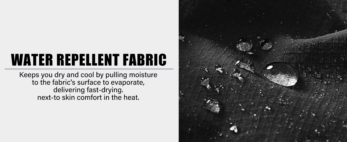 Close-up of water-repellent fabric. Water droplets visible on textured surface. Text describes moisture-wicking properties for dry, comfortable wear.