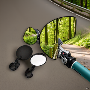 A scenic mountain trail winding through a lush forest, with the product mounted on a bicycle handleb