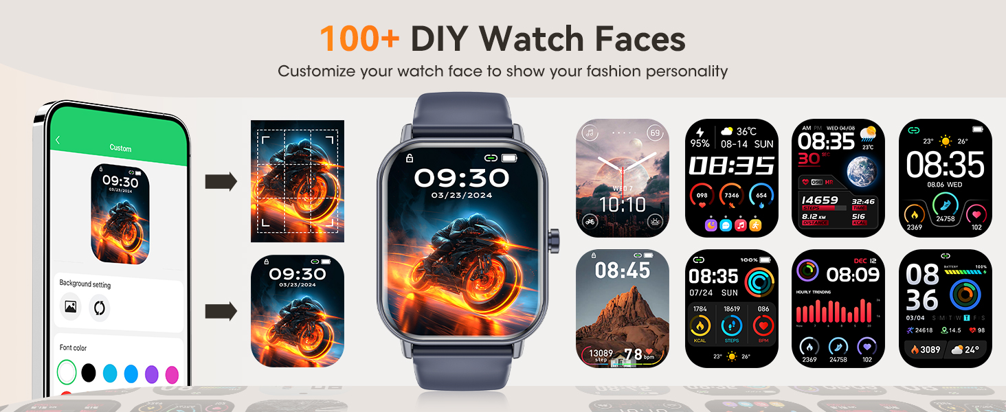 Smartwatch display showcasing multiple customizable watch faces. Features digital time displays, fitness tracking icons, and various background designs including nature scenes and abstract patterns.