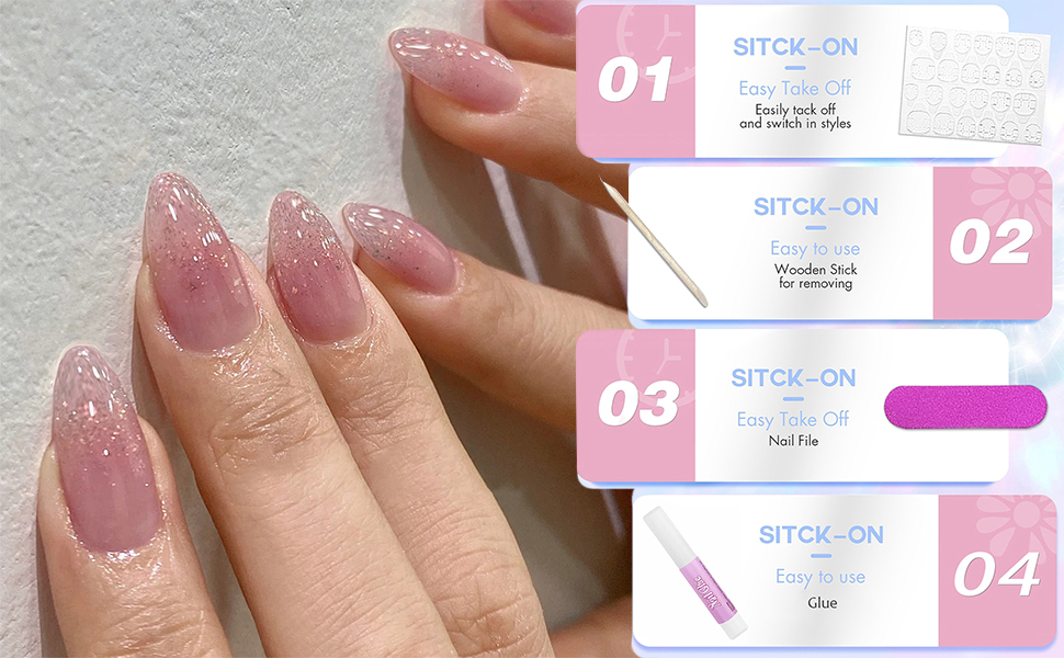 Step-by-step nail application guide showing four numbered stages of applying pink-toned artificial nails, with demonstration on actual nails.