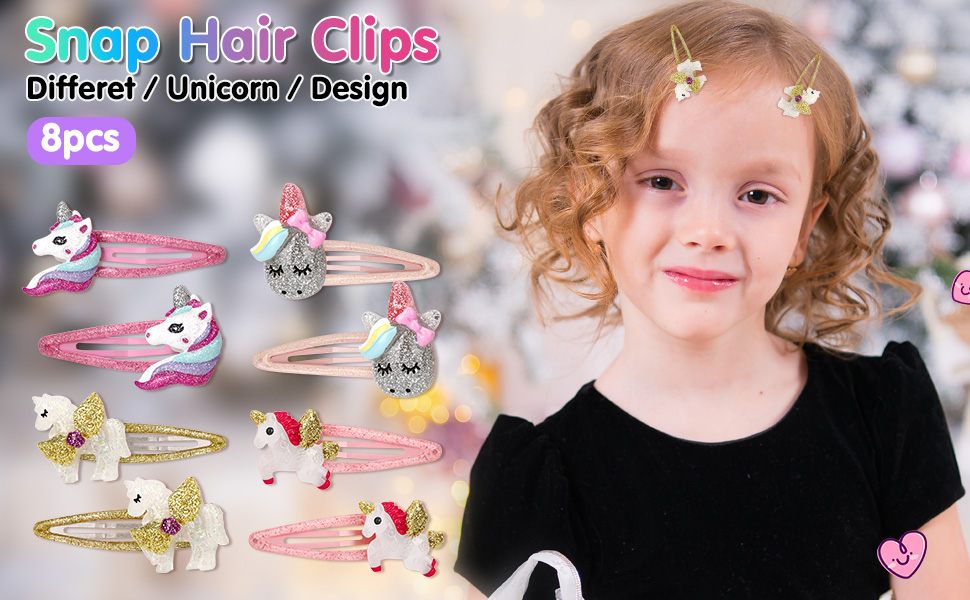 8 Pcs Colorful Unicorn Snap Hair Clips No Slip Metal Hair