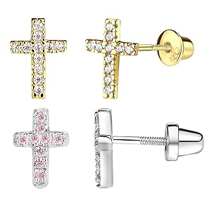 sterling silver screw back earrings cross with gem stones for kids