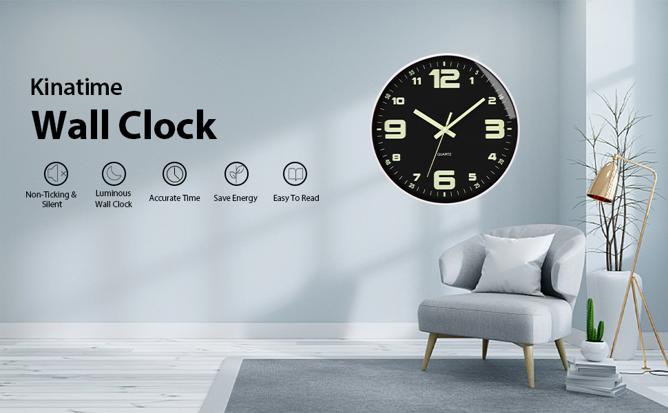 kinatime Wall Clocks Battery Operated,10 Inch Glow in The Dark Wall Clock Silent
