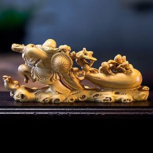 布袋 七福神　銅製 木台　彫刻 仏像 置物　風水 開運 金運 骨董　アンティーク Amazon.co.jp: 木彫り 仏像 七福神 置物 布袋様の置物 ツゲ製