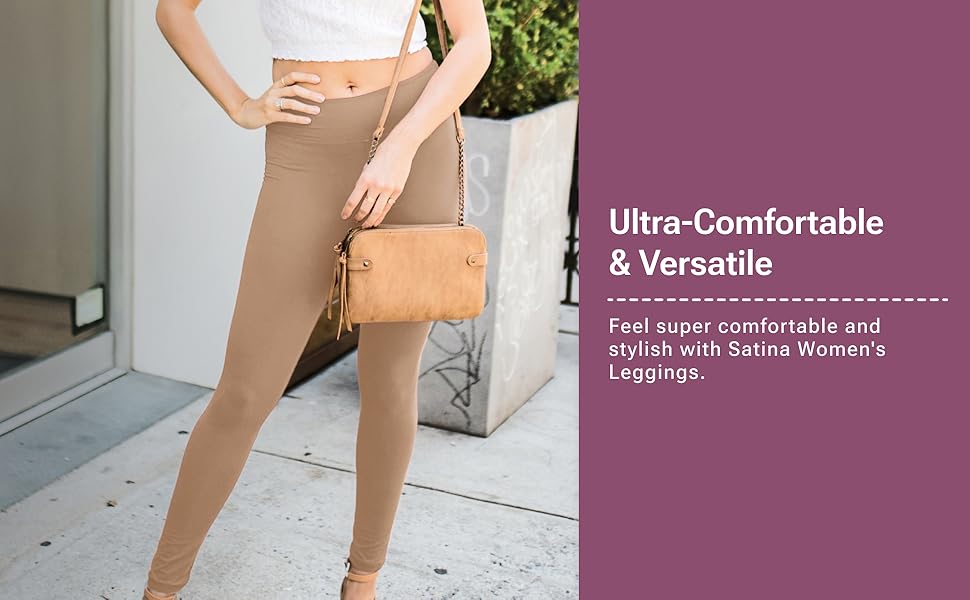 Athletic leggings shown from side view, featuring a brown/beige color. Text panel indicates ultra-comfortable and versatile properties.