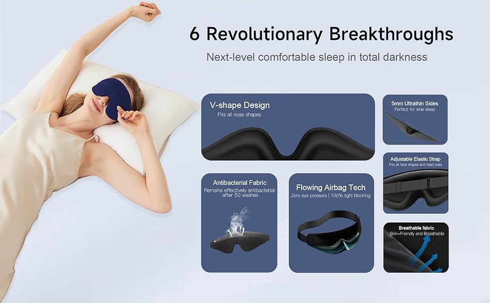 V-shape design, 5mm ultra-thin sides, flowing airbag tech, adjustable elastic strap