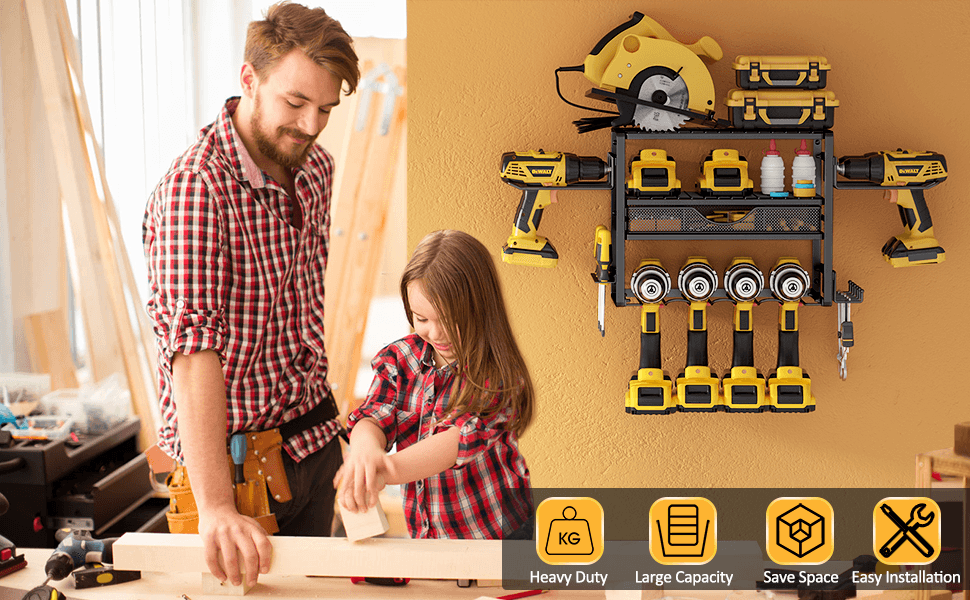 Power Tool Organizer Wall Mount with 8 Drill Holder, Drill