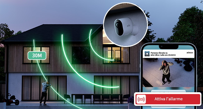 Arlo Ultra 2 Telecamera Wi-Fi Esterno Senza Fili + Base, 4K UHD, 180° Visione Notturna Colori Sirena