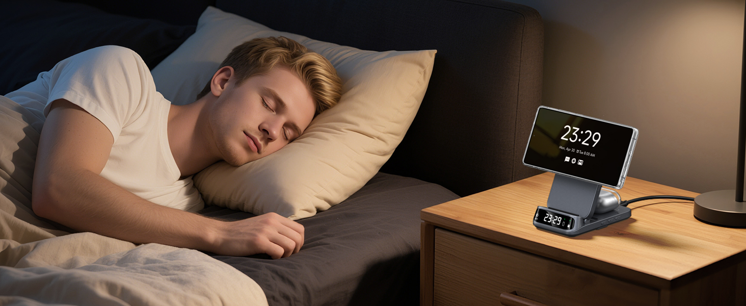 Elektronisches Gerät auf dem Nachttisch mit Anzeige der Uhrzeit 23:29. Das Gerät hat einen Ständer für ein Smartphone. Person, die in der Nähe im Bett schläft.