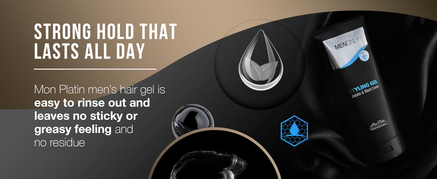 Men's styling gel offers long-lasting hold and natural shine for all hair types.