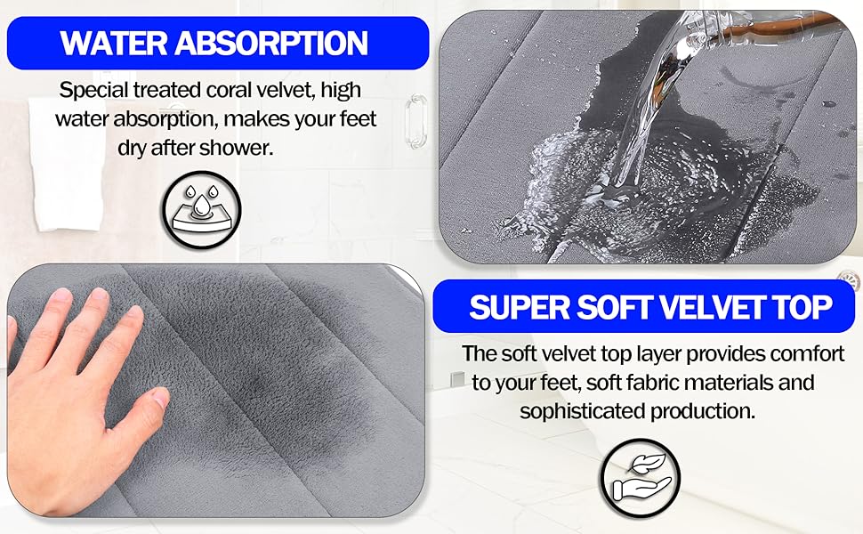 Memory Foam Bath Mat, (2 Pack) NonSlip Back, 40x60 cm Fleece Softness