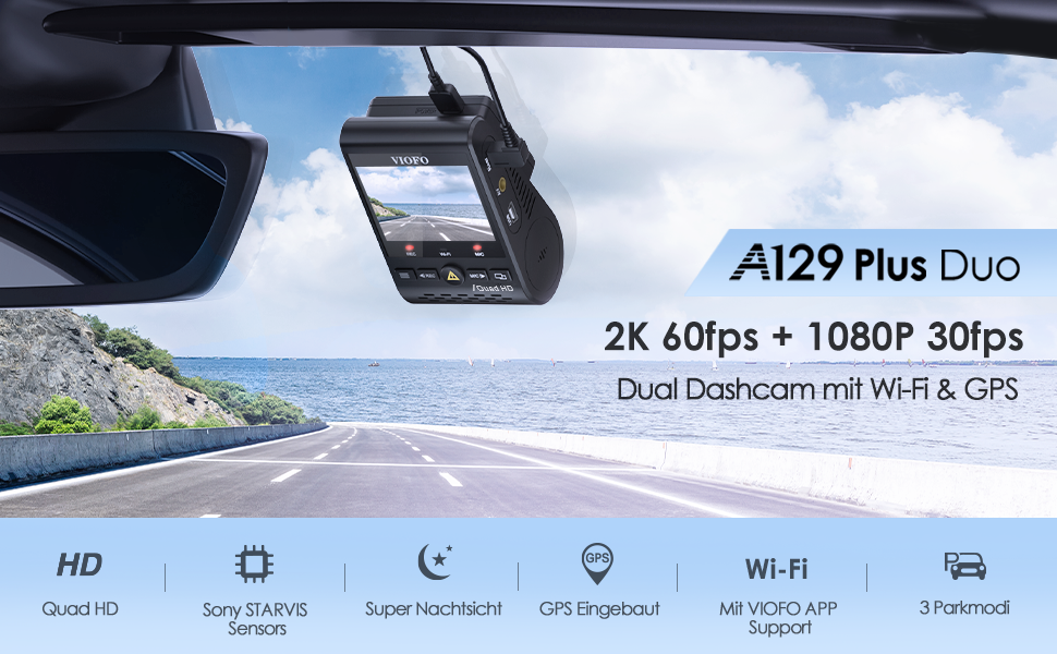 VIOFO A129 Plus Duo Dual WiFi WLAN Dashcam, GPS Modul 2K 1440P 60fps + 1080P Vorne Hinten Auto