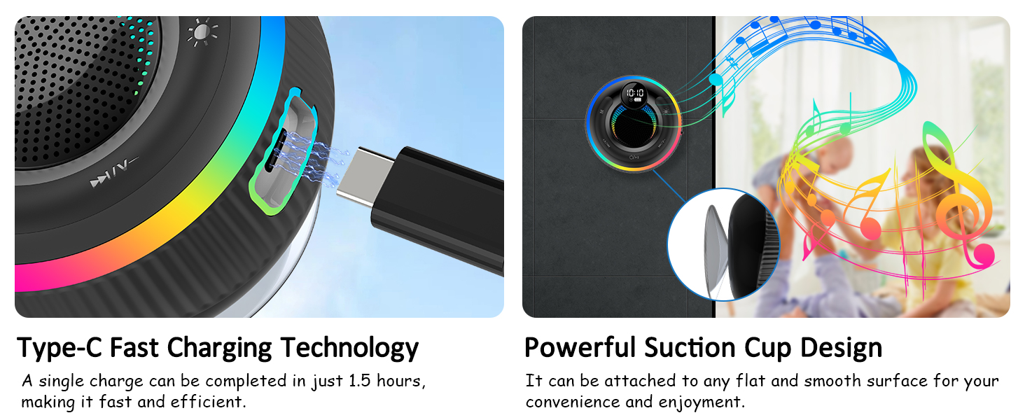 Electronic device with Type-C fast charging technology and powerful suction cup design. Features colorful light ring and compact size.