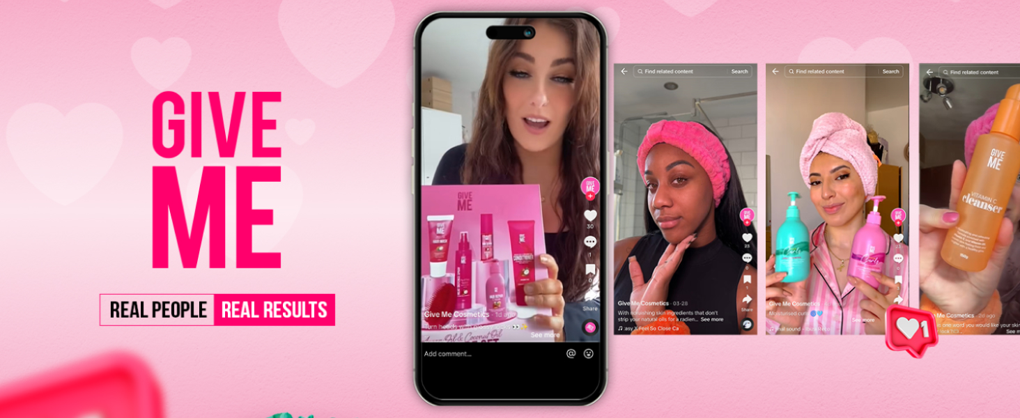 Mobile phone displaying social media interface with pink theme and 'GIVE ME' text. Multiple content frames shown on screen.