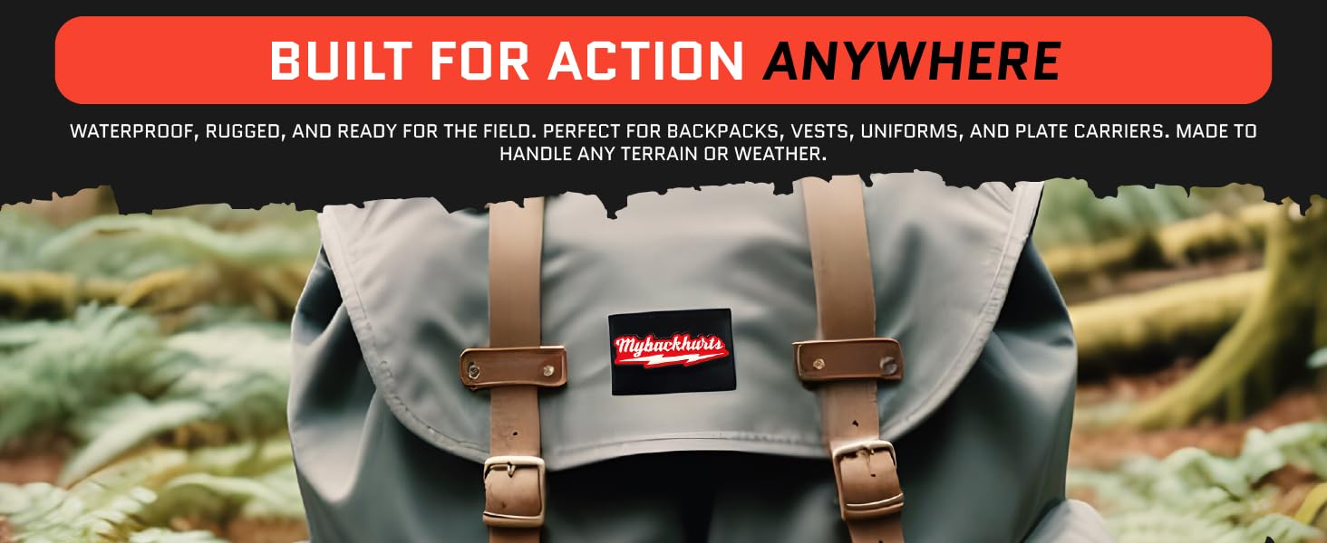 PVC patch on a backpack in an outdoor setting, showing durability against rain and mud