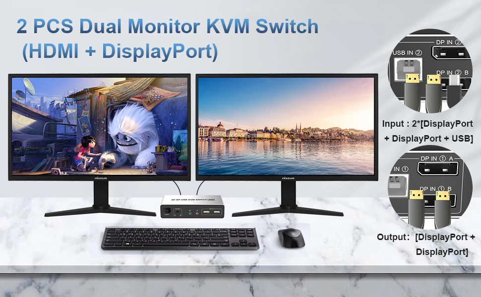 DisplayPort KVM Switch Dual Monitors for 2 Computers, 4K60Hz Extended Display 2 Monitors