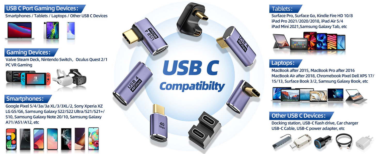 Mixed USB C Adapter USB 4.0/Thunderbolt 4 with 100W 40Gbps 90/180 Degree Right Angle