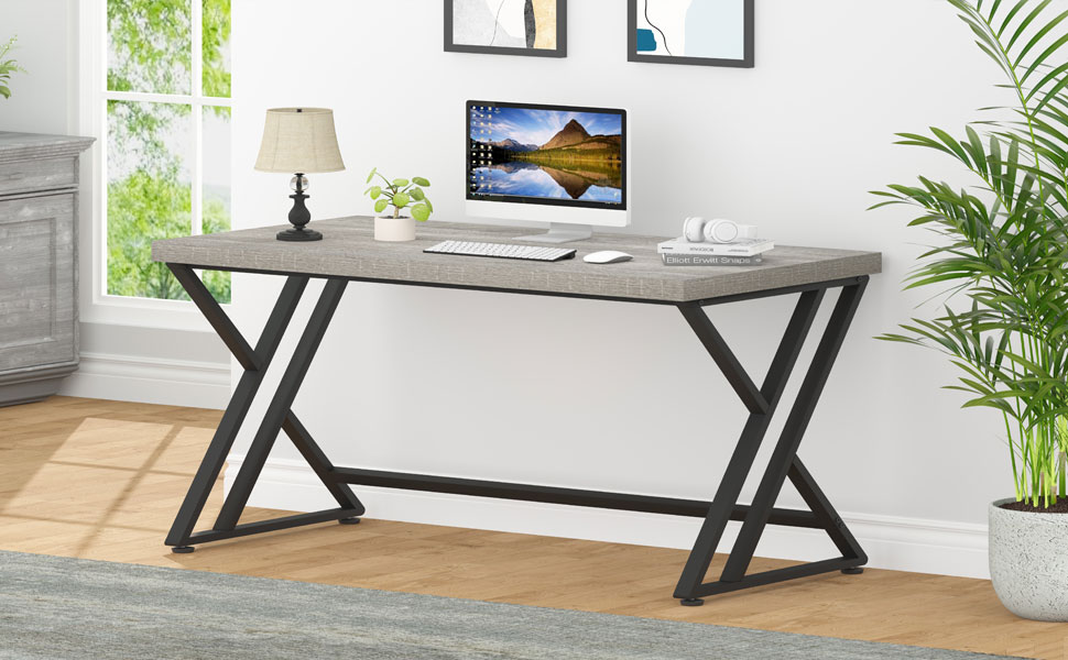 LVB Industrial Computer Desk, Rustic Wood Metal Wood Executive Work Desk Workstation Light Grey Oak