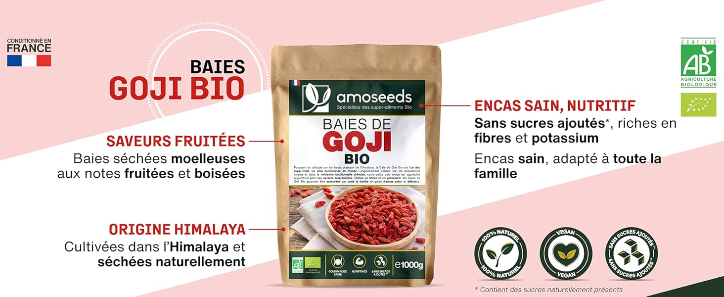 Baies de Goji Bio Supérieures Sport Sans Sucres Ajoutés Himalaya Amoseeds Super-Aliments Bio