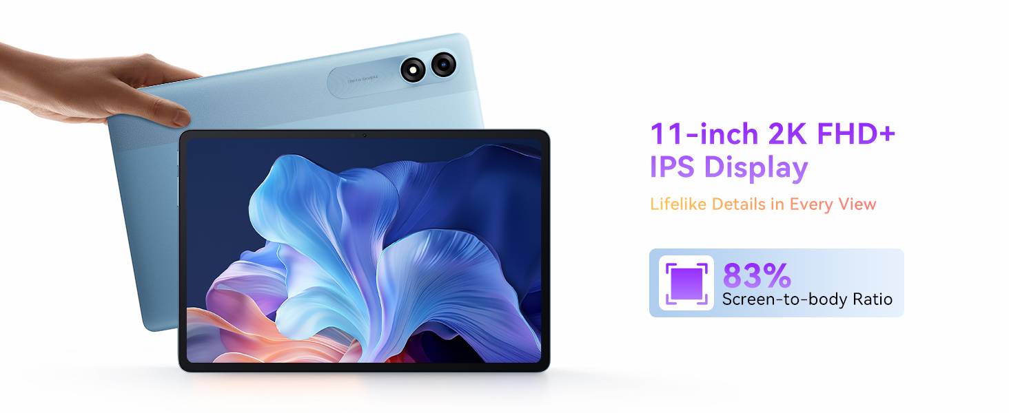 Tablet device with colorful abstract wallpaper. Text highlights '11-inch 2K FHD+ IPS Display' and '85% screen-to-body ratio' features.