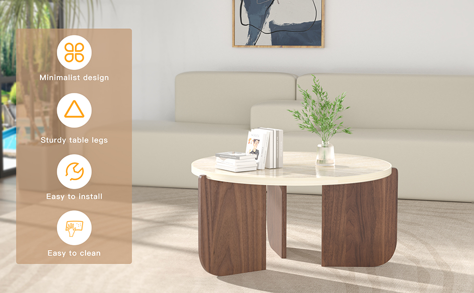 Round Travertine Texture Coffee Table 28.4” Stone Coffee