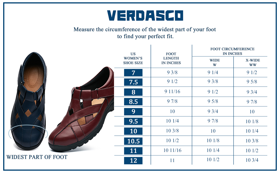 VERDASCO Women's Closed Toe Sandals Size Chart