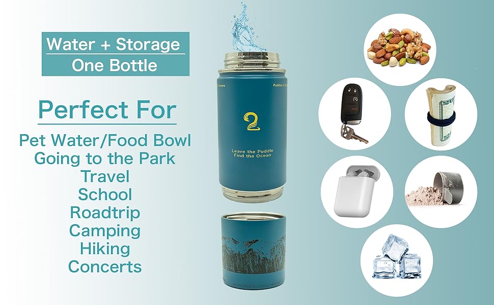 puddles 2 oceans water bottle, hiking bottle, water and snack container, snack storage, kids snacks