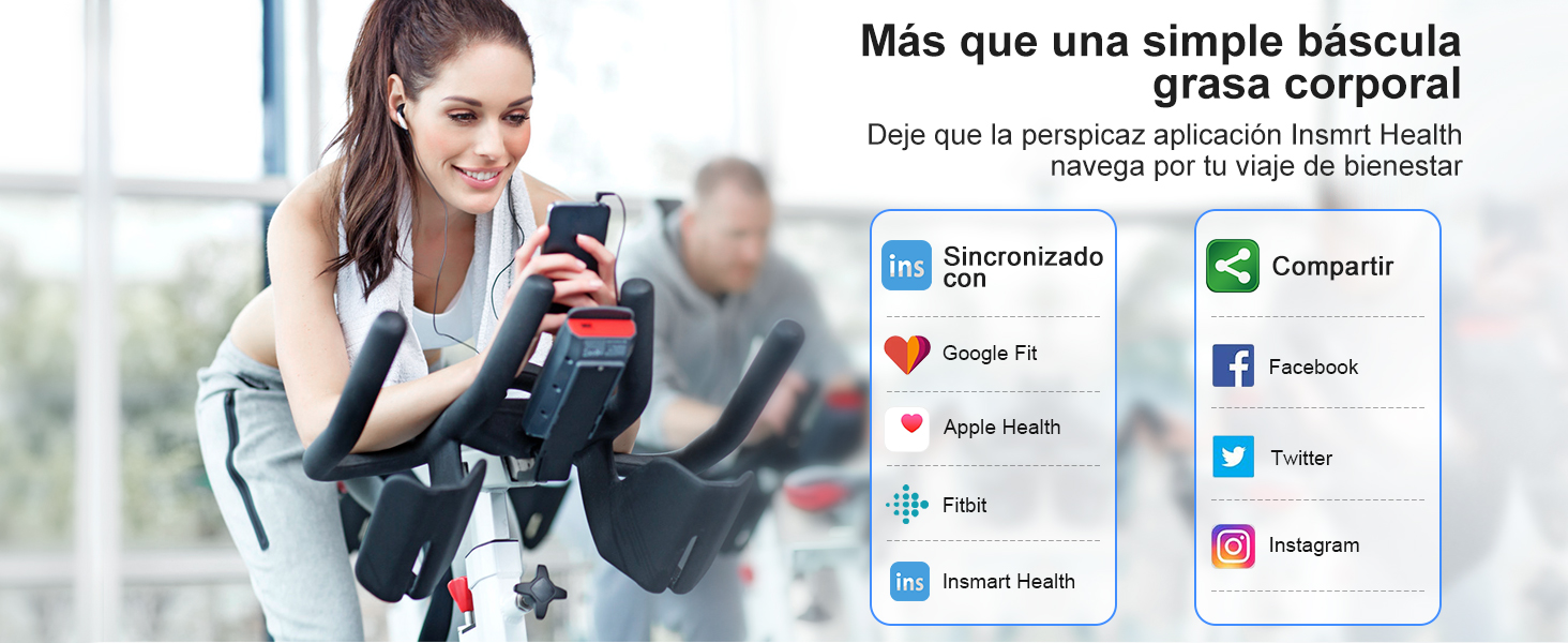 Mujer haciendo ejercicio en bicicleta estática. La imagen incluye texto e íconos de aplicaciones, lo que sugiere un dispositivo inteligente de acondicionamiento físico con múltiples funciones de seguimiento.