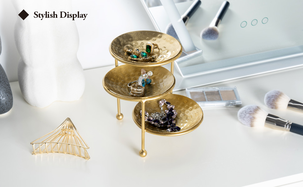 Jewelry Dish Organizer Hammered Brass Metal Ring Tray, Earring, Necklace Storage Display Tower