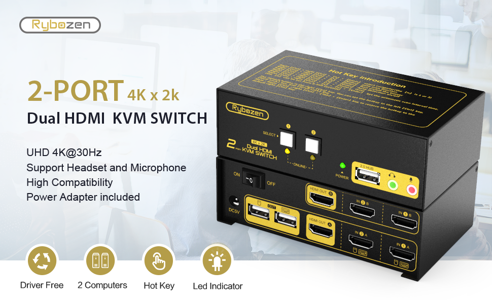Rybozen HDMI KVM Switch 2 Port Dual Monitor Extended Display, 4K USB